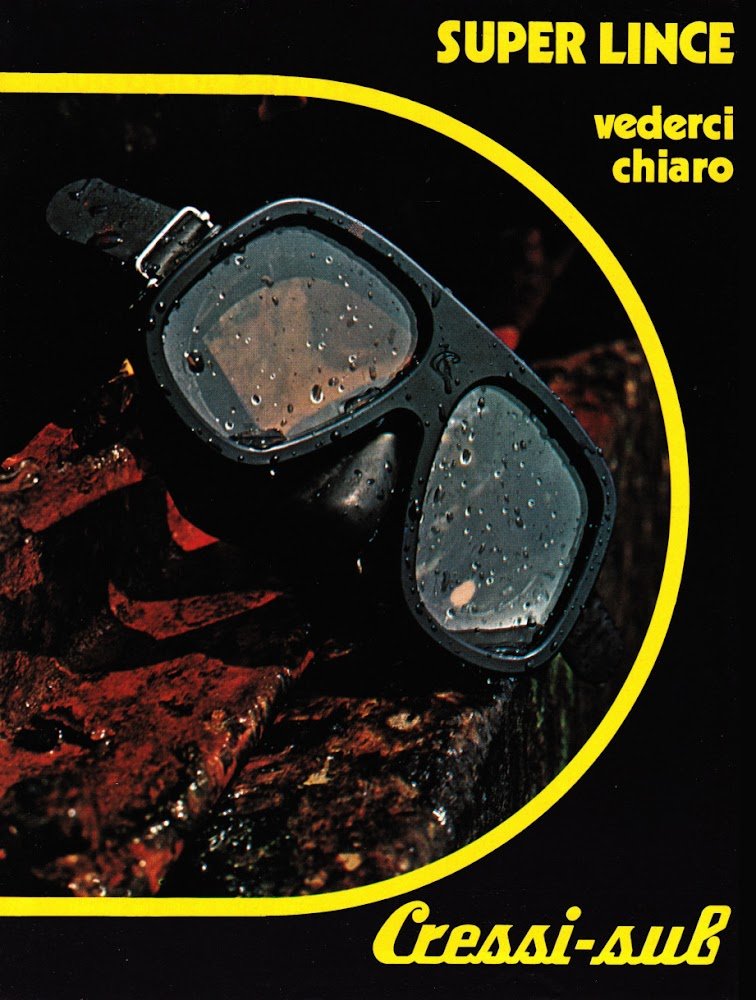 Maschera Super Lince Cressi-Sub/Motosailer Tortuga Automarine. Advertising 1974