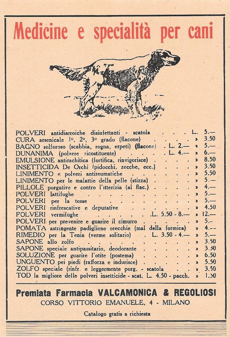 Medicine e specialità per cani. Farmacia Valcamonica e Regoliosi, Milano. …