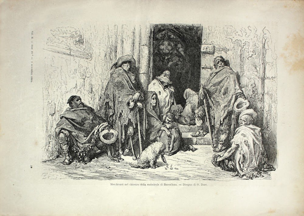 Mendicanti nel chiostro della cattedrale di Barcellona. Stampa 1864