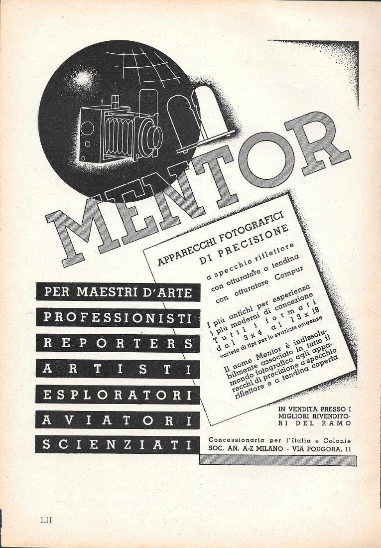 Mentor. Apparecchi fotografici di precisione. Advertising 1935