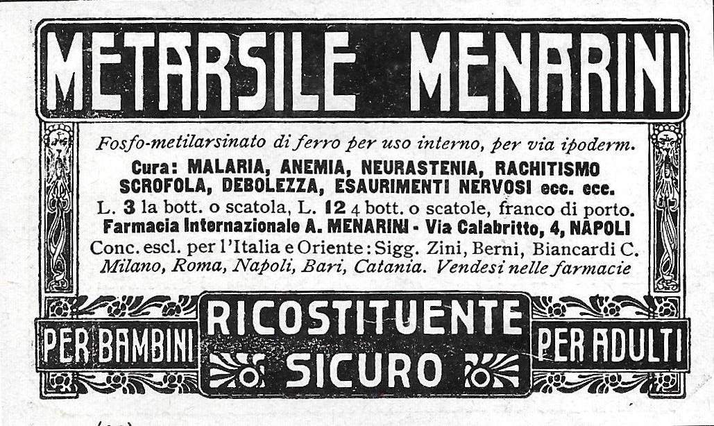 Metarsile Menarini. Ricostituente sicuro. Advertising 1912
