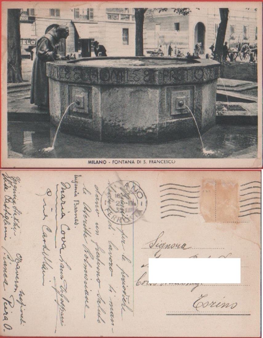 Milano. Fontana di S. Francesco. Viaggiata 1935. Animata, carro