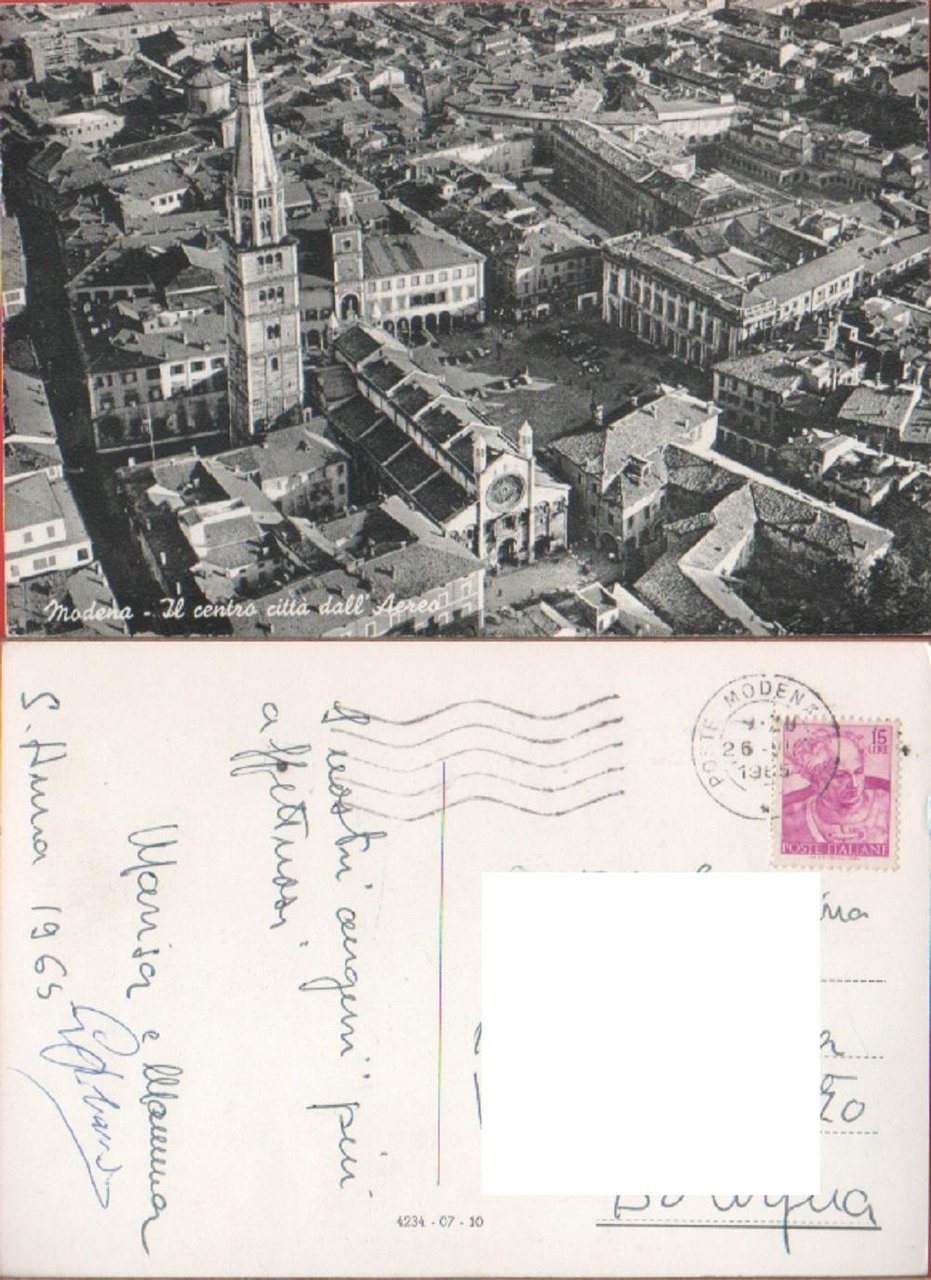 Modena. Il centro città dall'Areo. Viaggiata. 1965