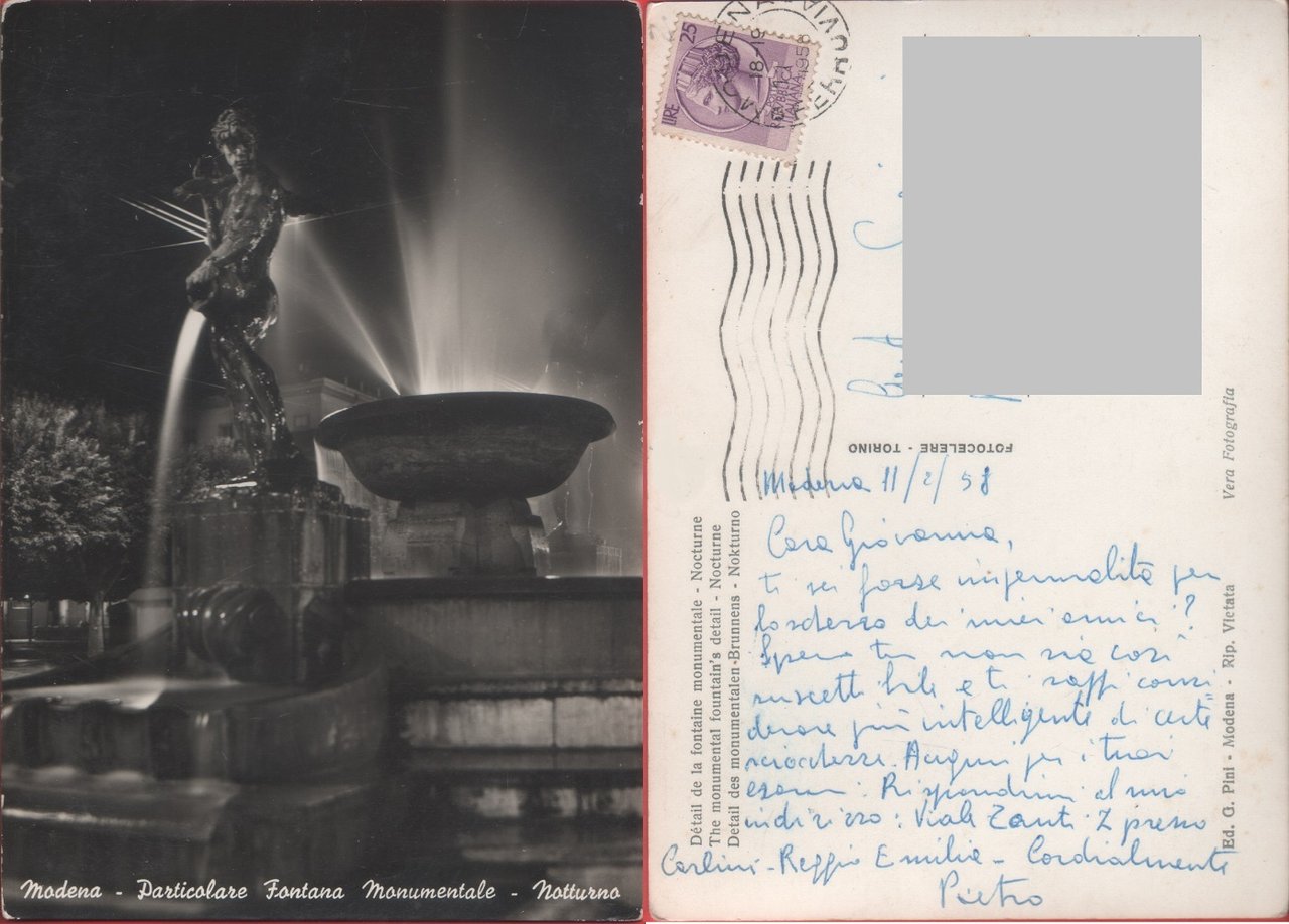 Modena. Particolare Fontana Monumentale. Notturno. Viaggiata 1958