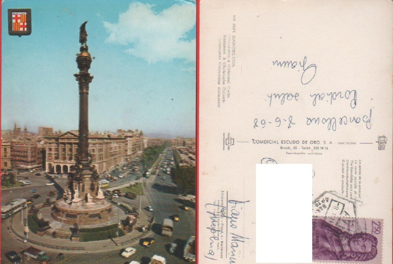Monumento Cristibal Colo'n. Barcellona. Viaggiata 1968