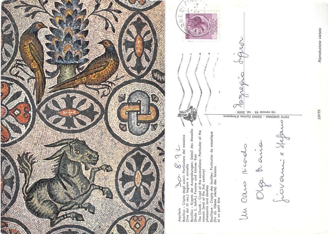Mosaico fagiani ed asinello (Aquileia). Viaggiata 1972