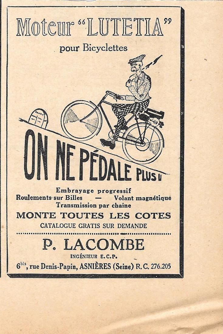 Moteur Lutetia. P. Lacombe, Asnieres (Seine). Pubblicita 1926