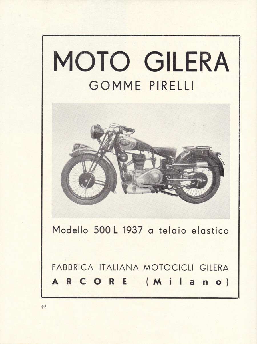 Moto Gilera modello 500L 1937 a telaio elastico. Advertising 1937