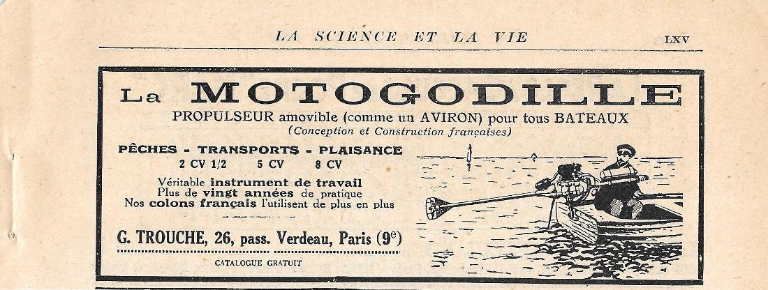 Motogodille propulseur pour tous bateaux. Pubblicita 1926