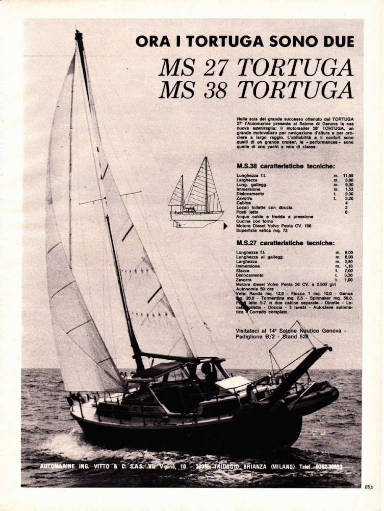 Motosailer Tortuga Automarine/ Grand Banks, American Marine. Advertising 1974