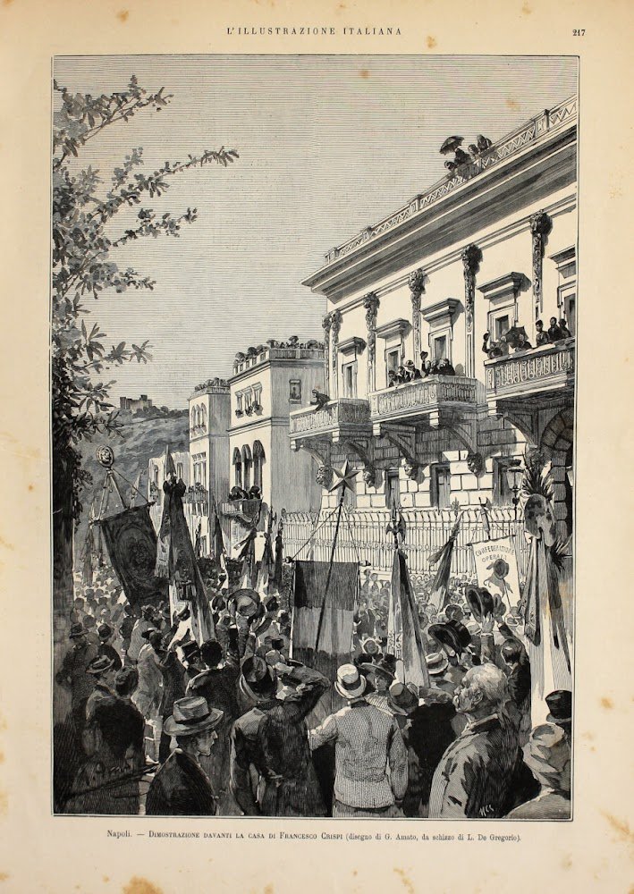 Napoli. Dimostrazione davanti la casa di Francesco Crispi. Stampa 1889