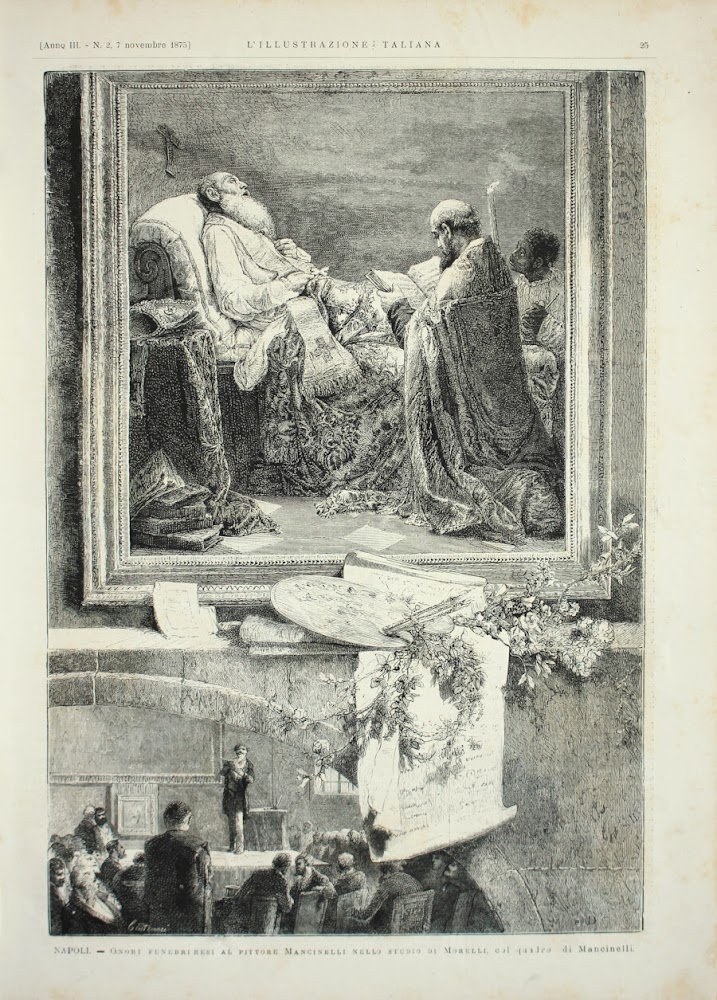 Napoli. Onori funebri al pittore Mancinelli nello studio di Morelli. …