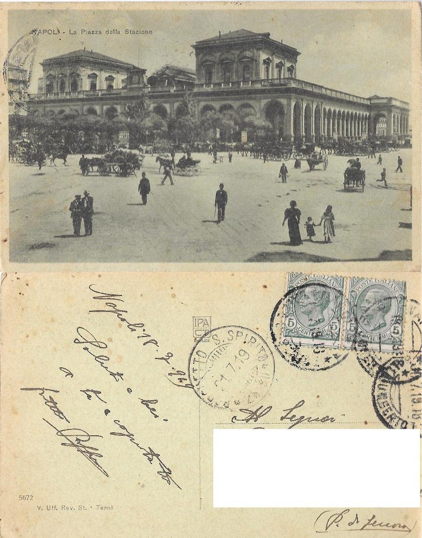 Napoli. Piazza della Stazione. Viaggiata 1919. Animata, carri