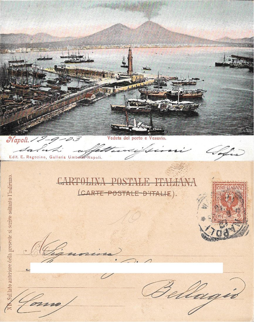 Napoli. Veduta del porto e Vesuvio. Viaggiata 1903