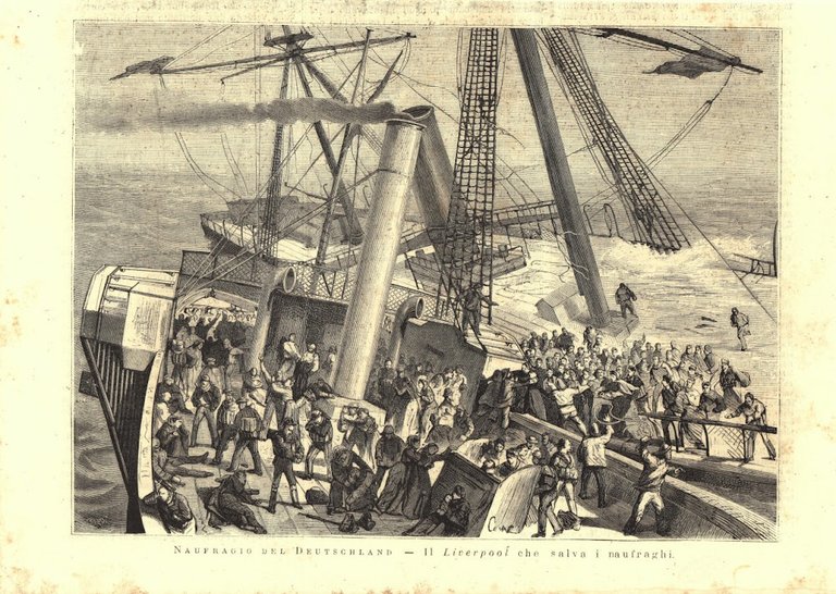 Naufragio del Deutschland. Il Liverpool che salva i naufraghi. Stampa 1876