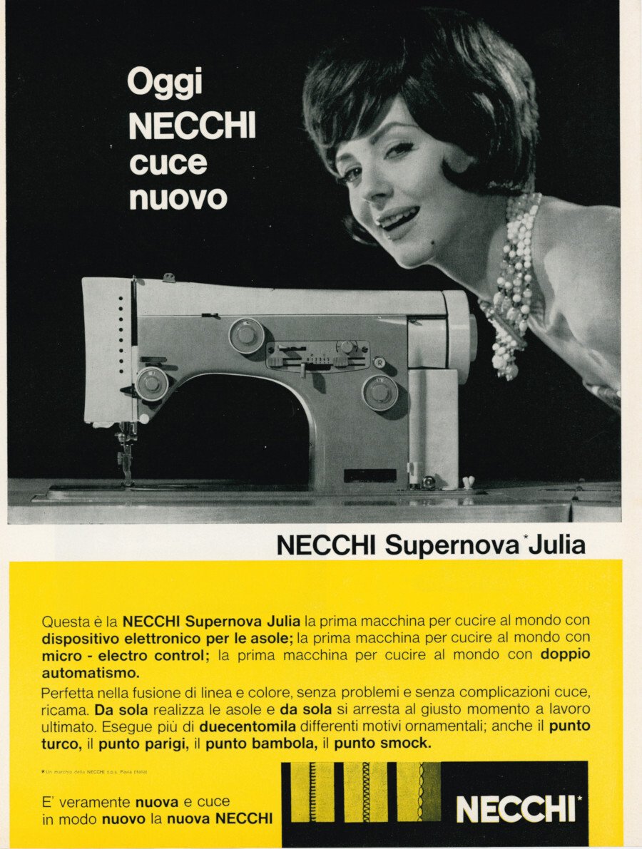 Necchi Supernova Julia/Miret manifattura Italiana Ricami e Tulli. Advertising 1961