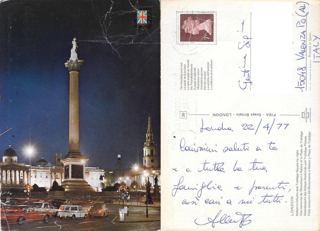 Nelson's Column and Trafalgar Square by night. Londra. Viaggiata 1977