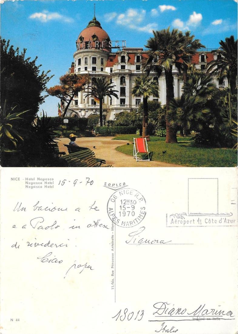 Nice. Hotel Negresco. Viaggiata 1970