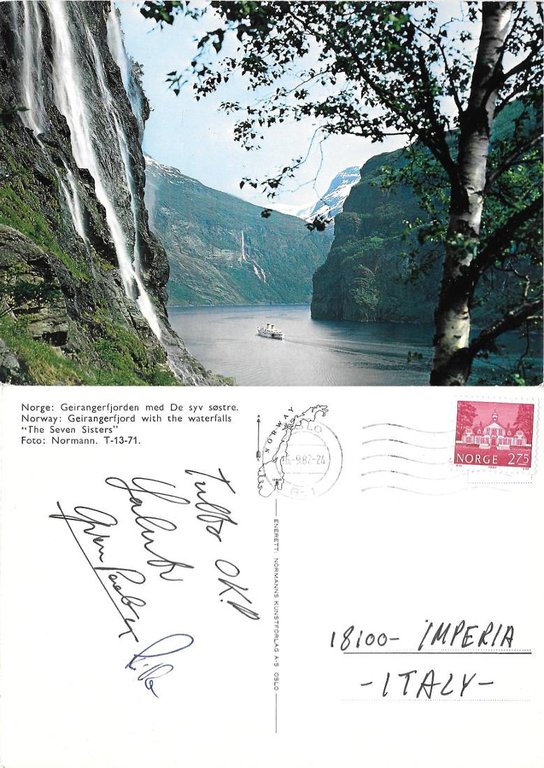 Norvegia. Geirangerfiord with the waterfalls "The Seven Sister".  Viaggiata 1982