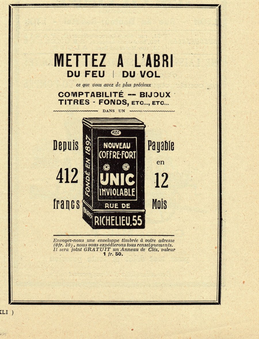 Nouveau coffre-fort Unic Inviolable. Advertising 1926