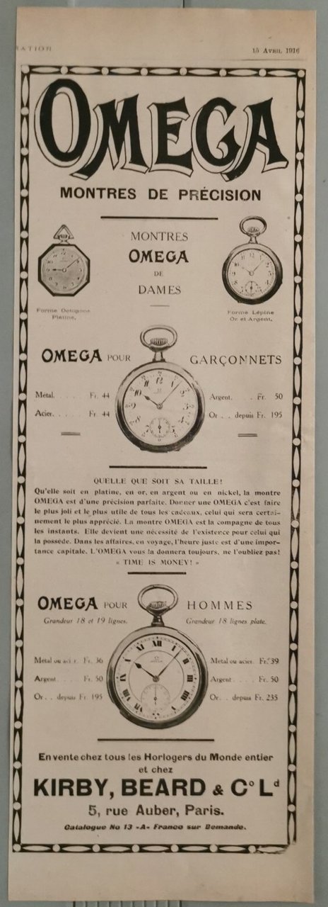Omega, montres de precision. Advertising 1916