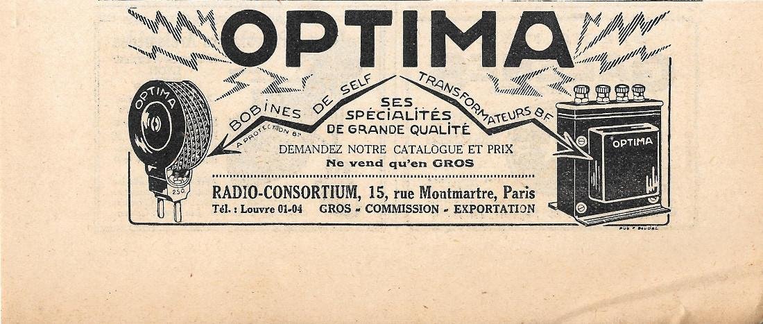 Optima bobines de self transformateurs BF. Radio Consortium Paris. Pubblicita …