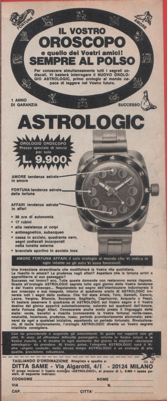 Orologio Astrologic. Il vostro oroscopo sempre al polso. Advertising 1975