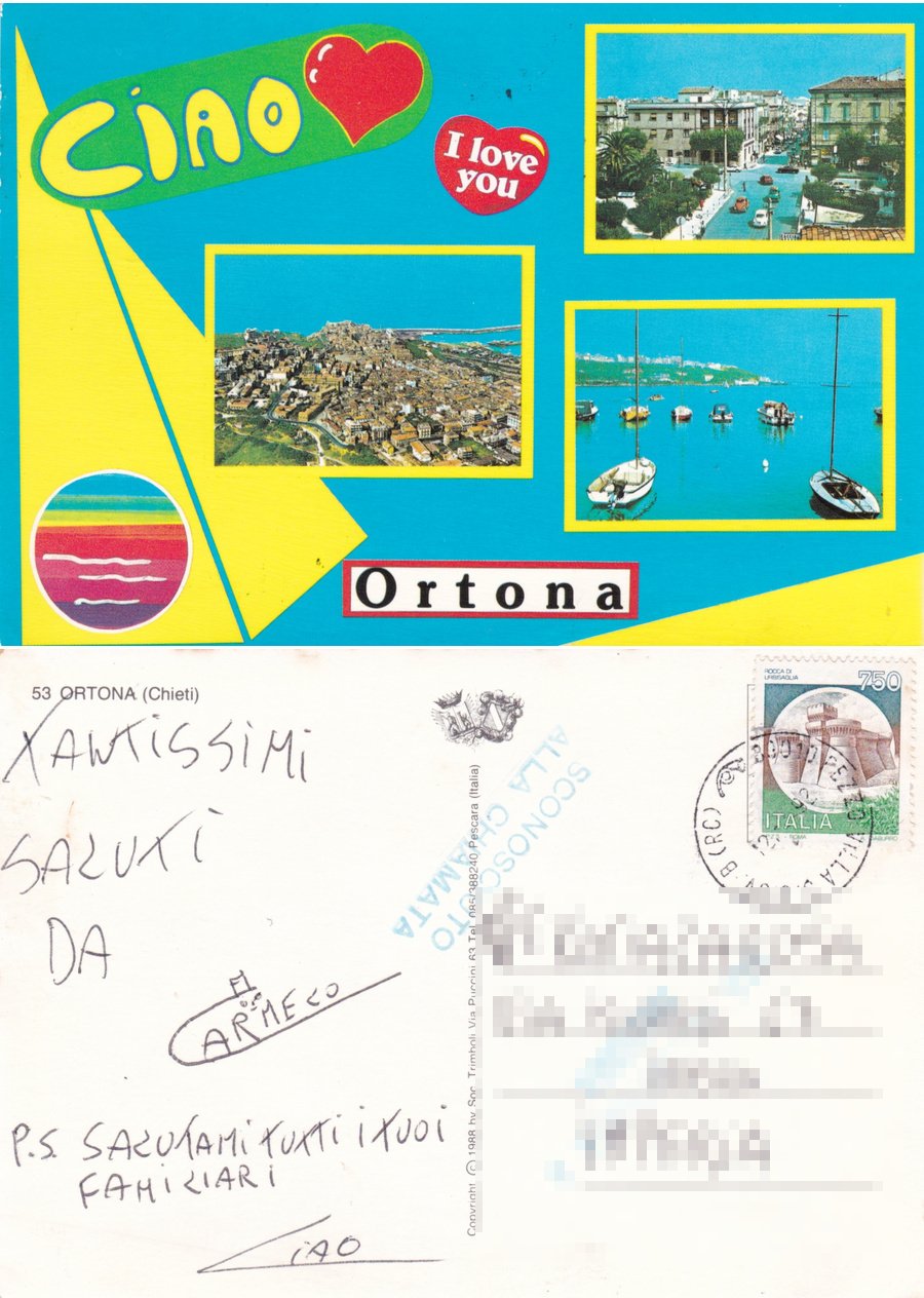 Ortona. Ciao, I love you. Viaggiata 1992