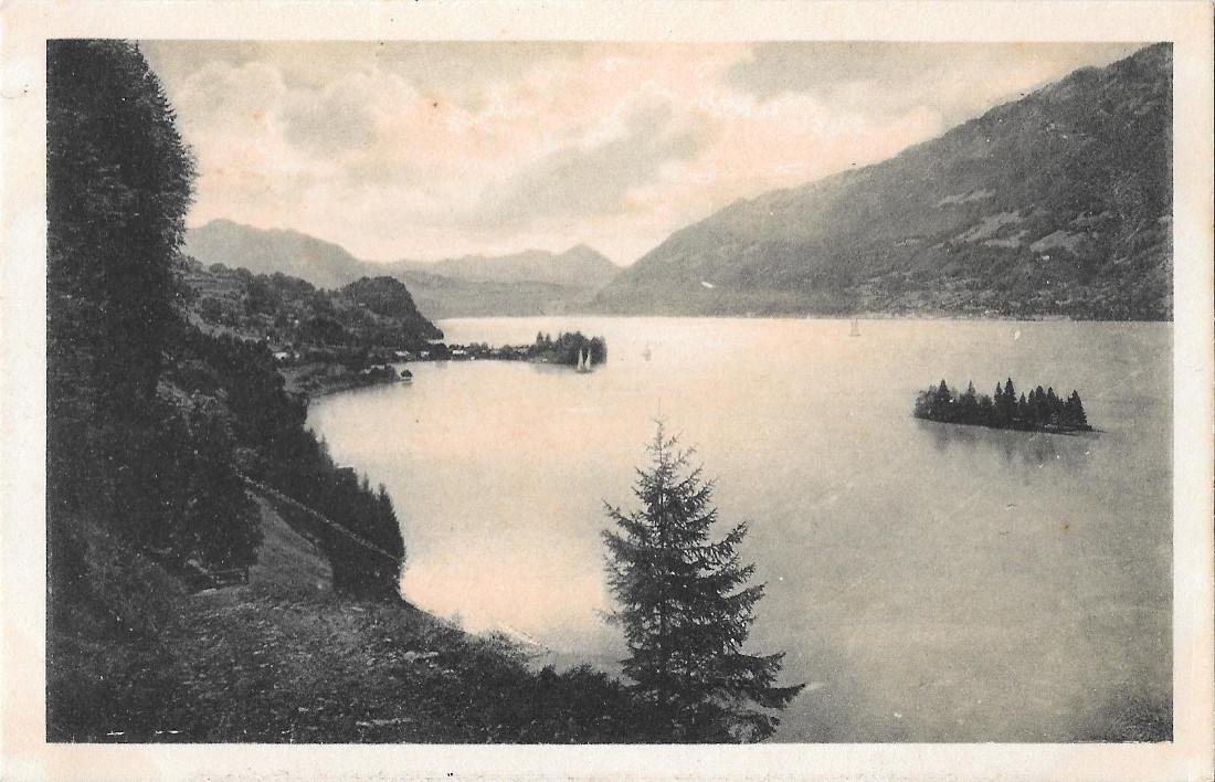 Paesaggio lacustre con isola. Non viaggiata