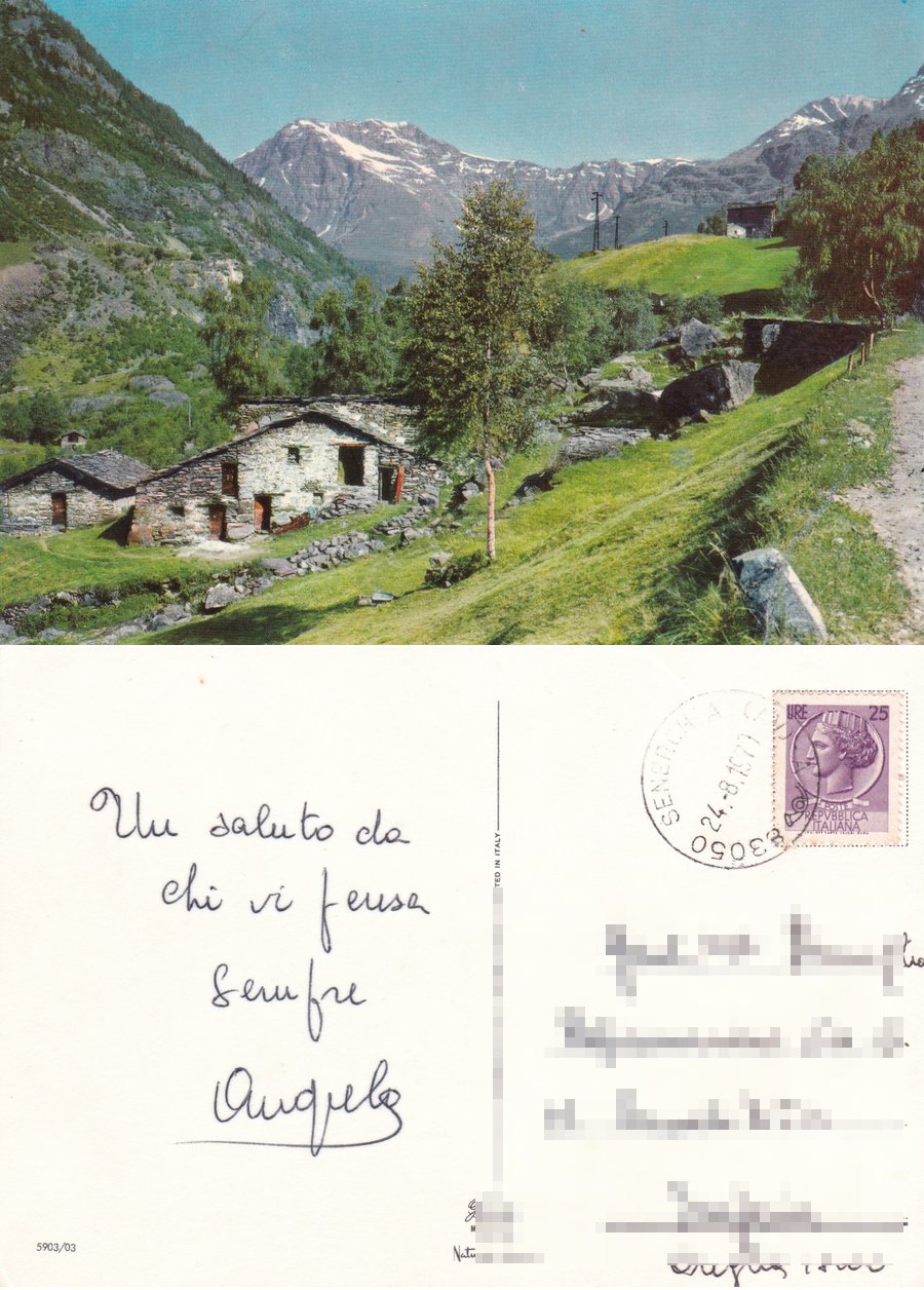 Paesaggio montano con baita. Viaggiata 1970