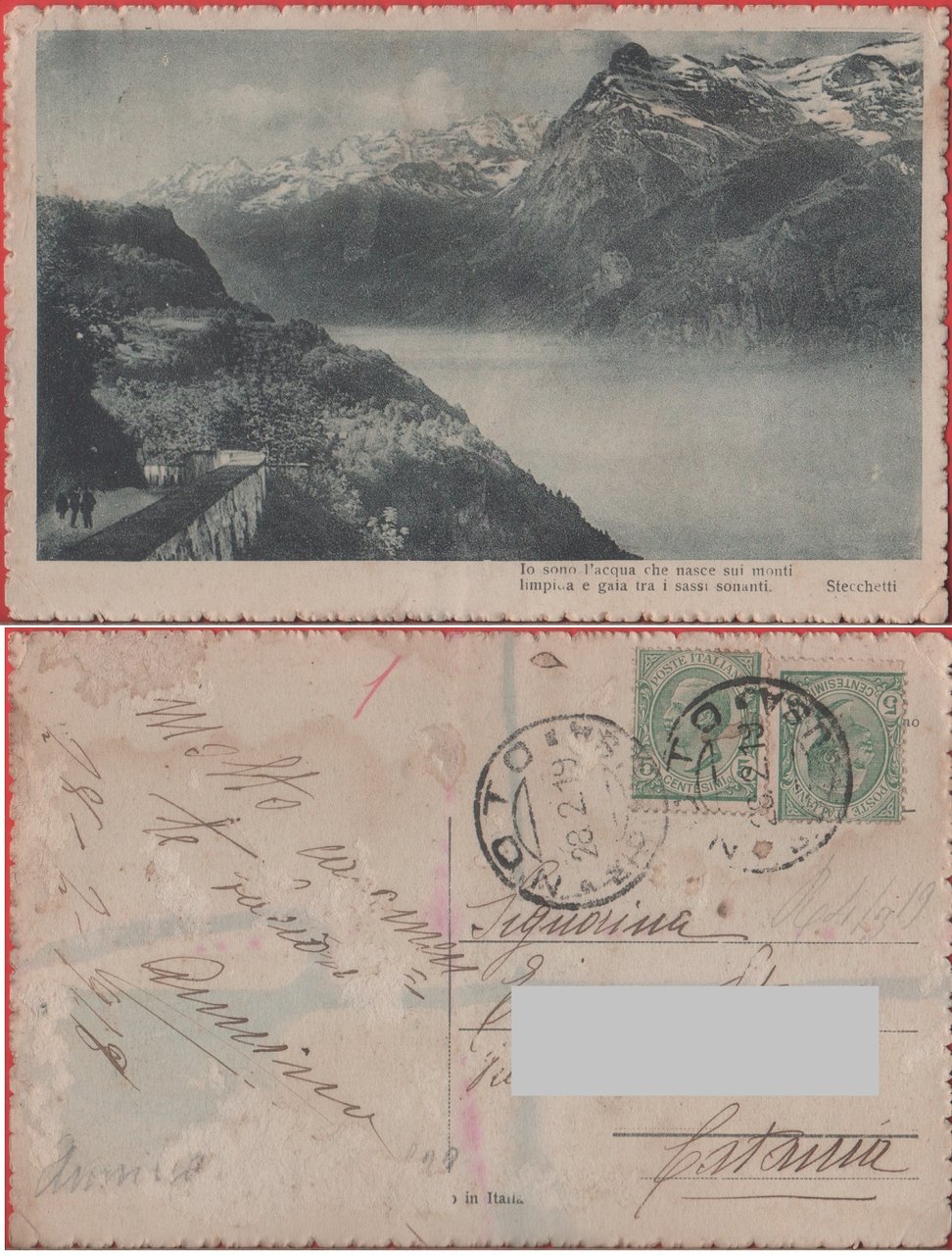 Paesaggio montano con verso di Stecchetti. Viaggiata 1919