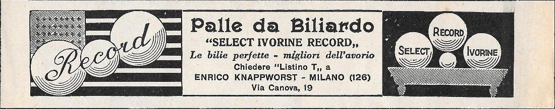 Palle da Biliardo. Select Ivorine Record. Advertising 1928