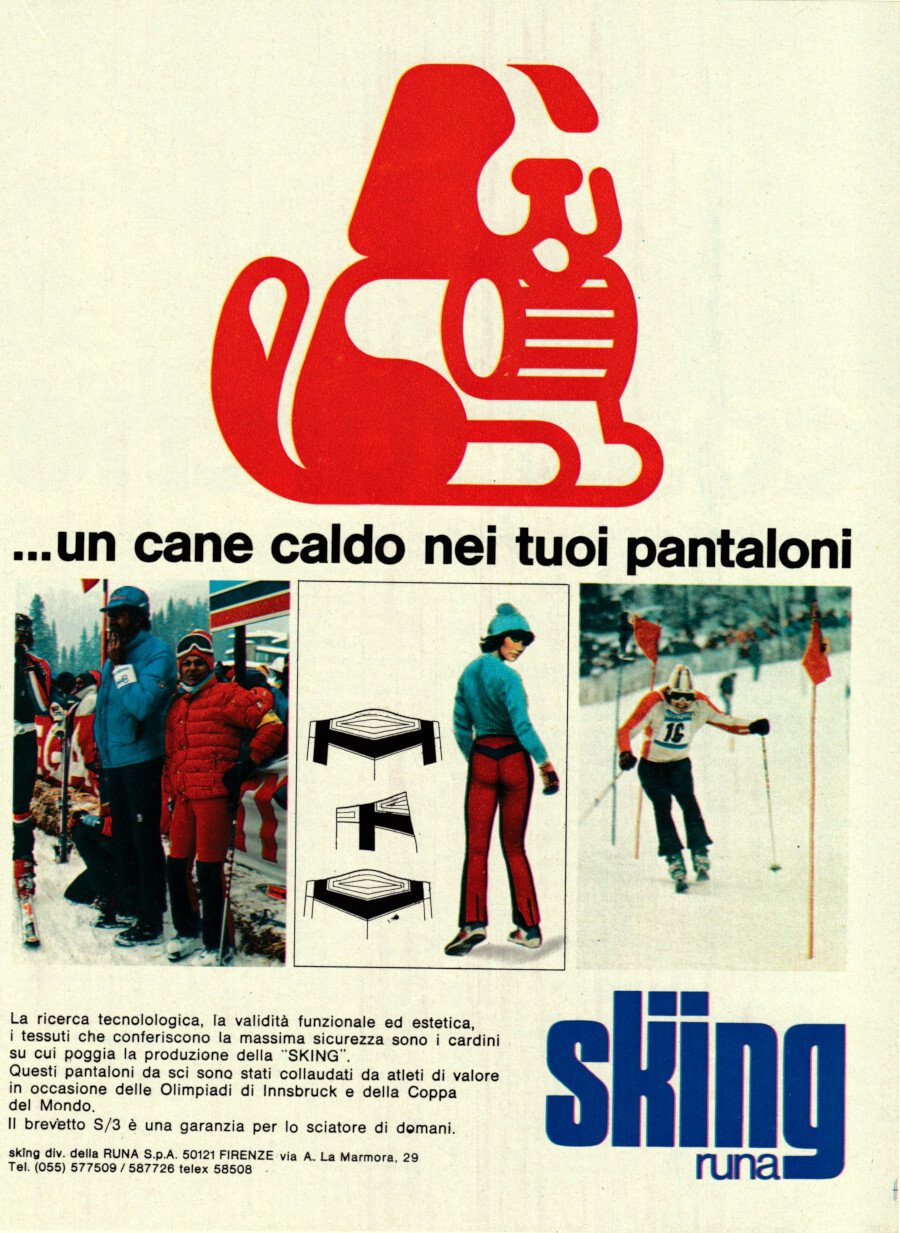 Pantaloni da sci Sking Runa. Advertising 1976