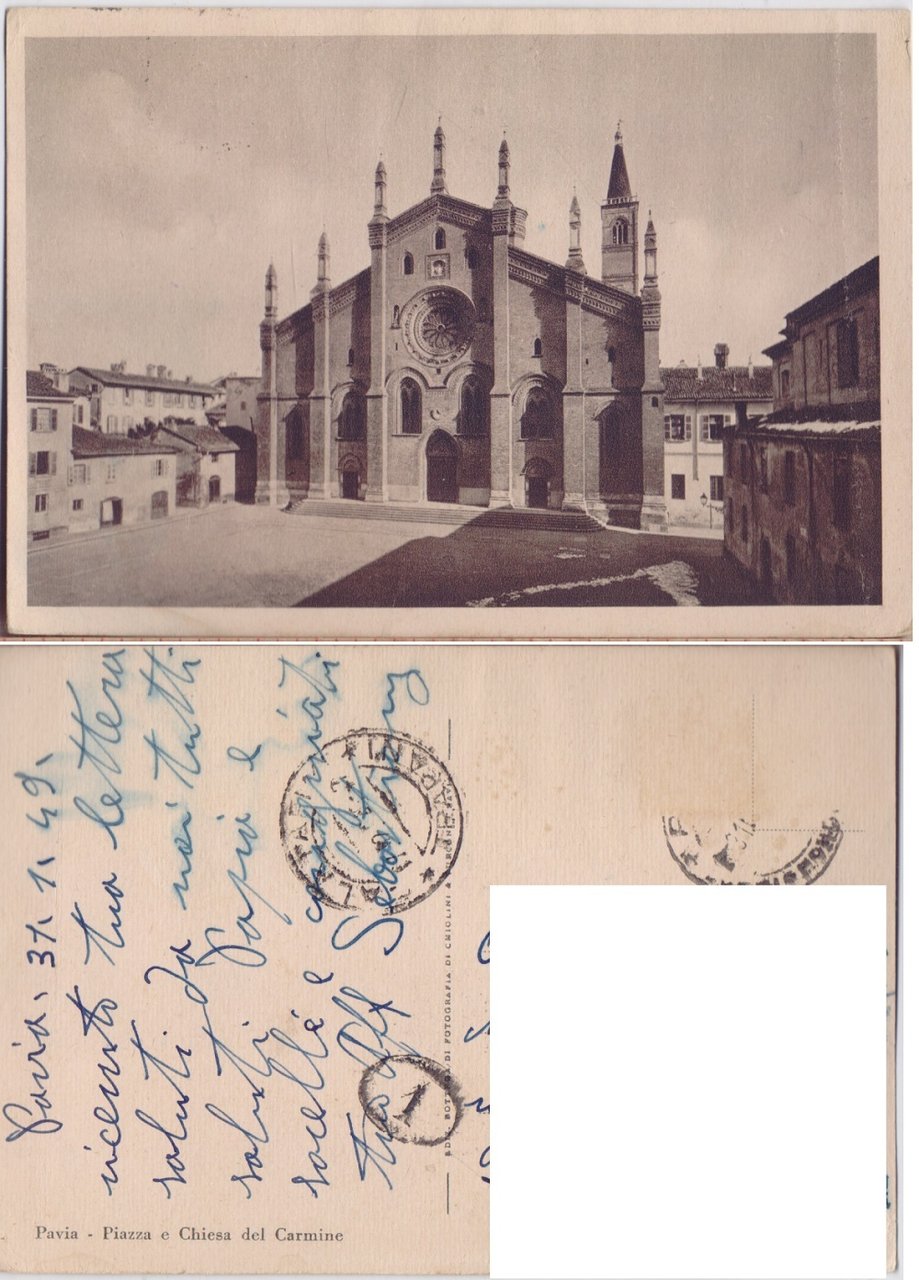 Pavia. Piazza e Chiesa del Carmine. Viaggiata 1949