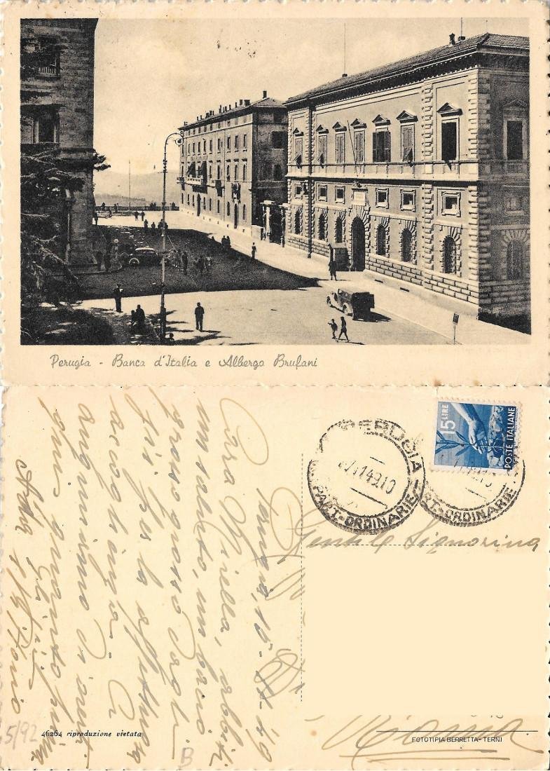 Perugia. Banca d'Italia e Albergo Brufani. Viaggiata 1949 | Immagine principale