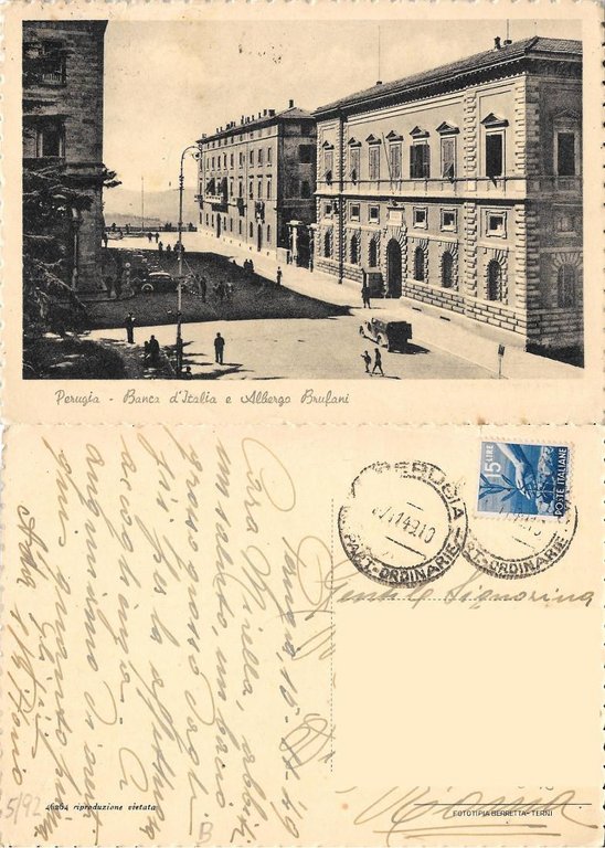 Perugia. Banca d'Italia e Albergo Brufani. Viaggiata 1949