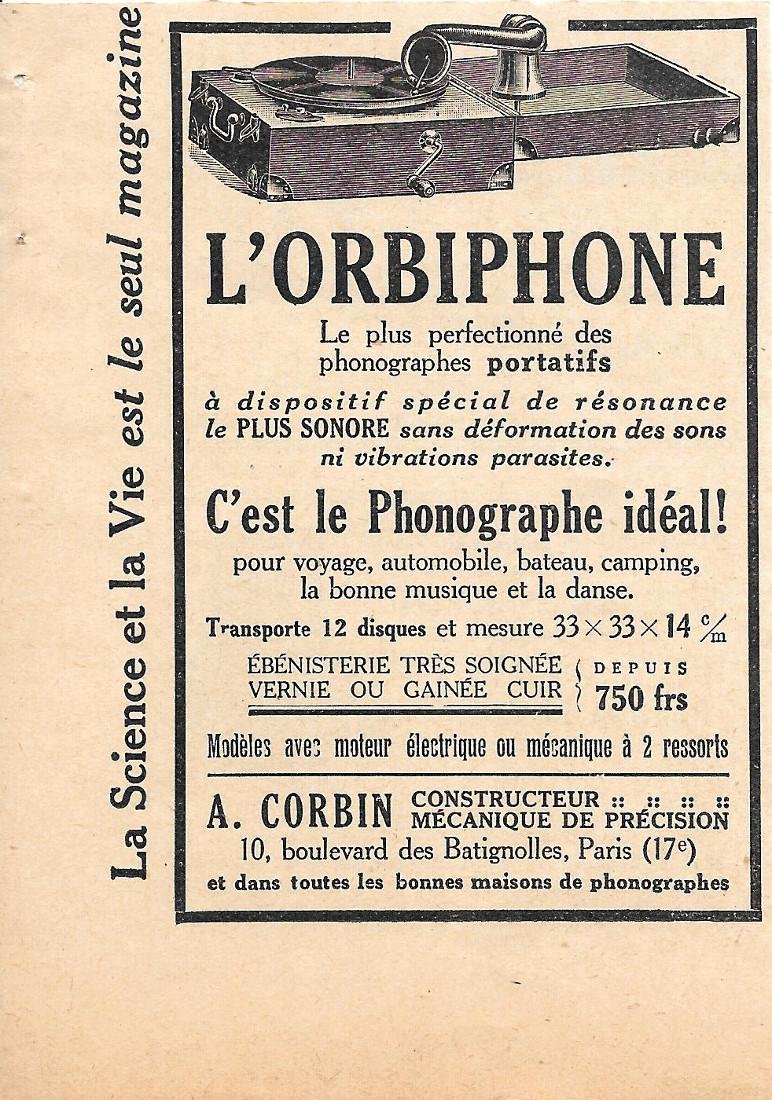 Phonographe l'Orbiphone. Etab. A. Corbin Paris. Pubblicita 1926
