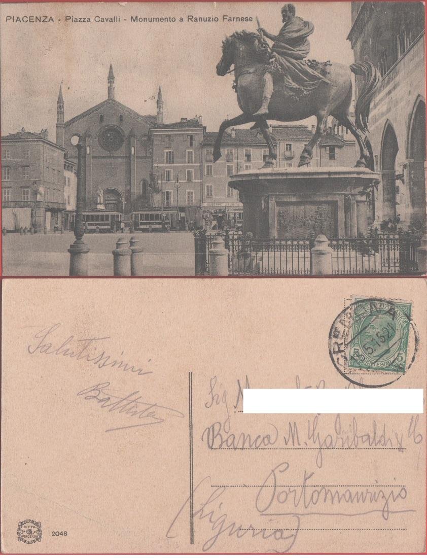 Piacenza. Piazza Cavalli. Monumento a Ranuzio Farnese. Viaggiata 1921