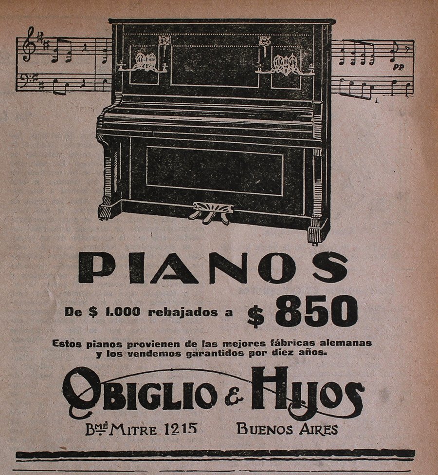 Pianos. Obiglio &amp; Hijos, Buenos Ayres - Advertising 1922