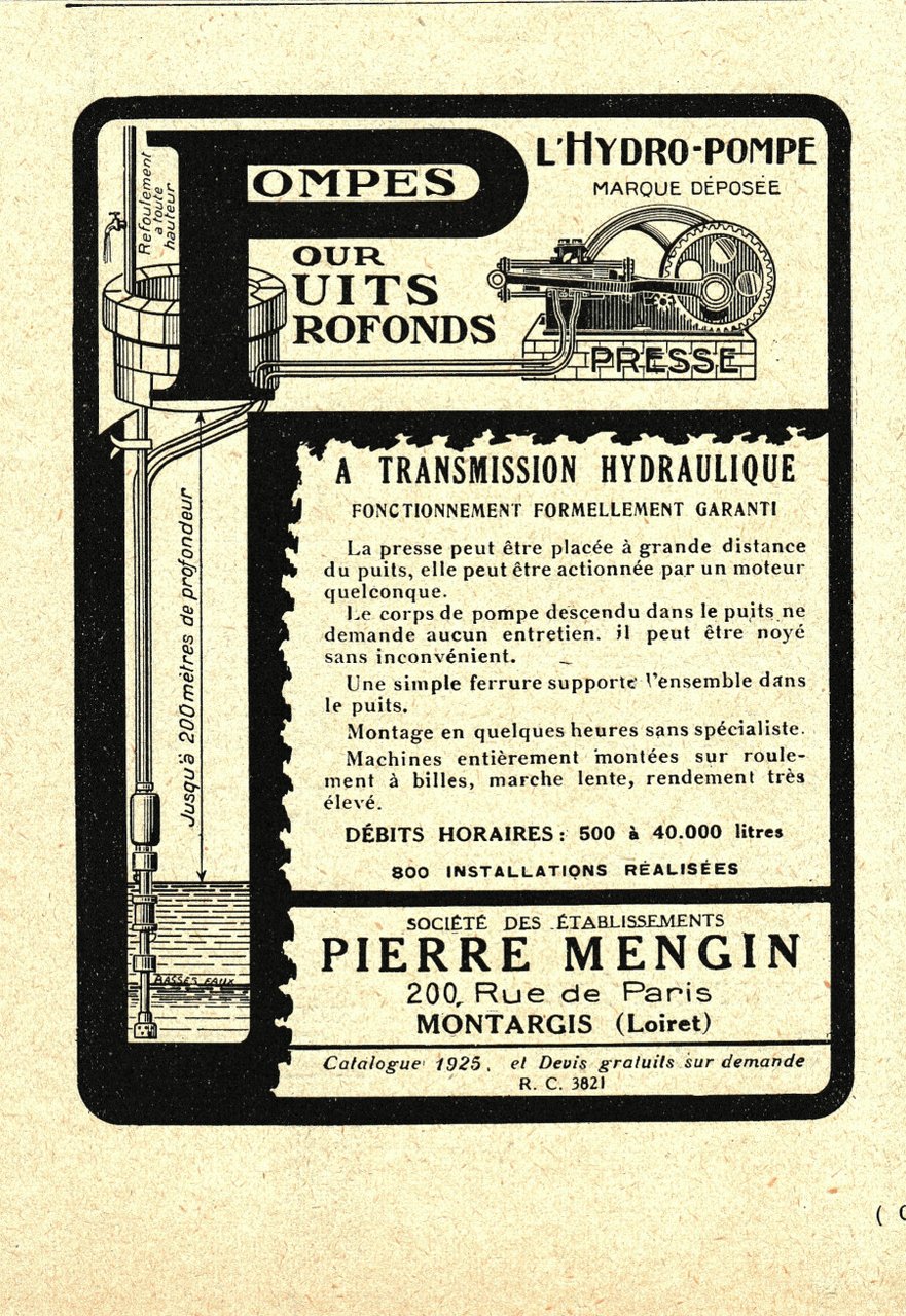 Pierre Mengin. Pompes pour puits profonds. Advertising 1926