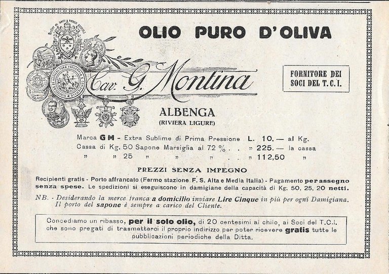 Pirelli. Superflexcord / Olio G.Montina, Albenga. Advertising 1928