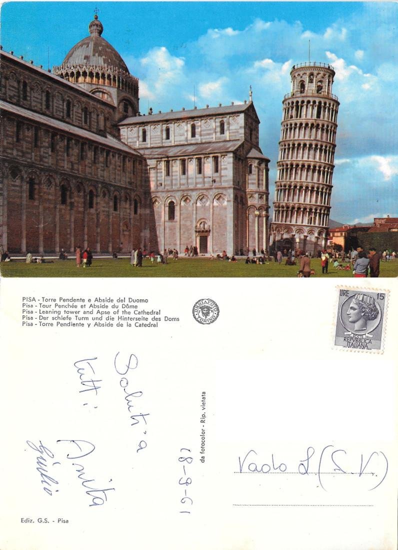 Pisa. Torre Pendente e Abside del Duomo. Viaggiata 1961