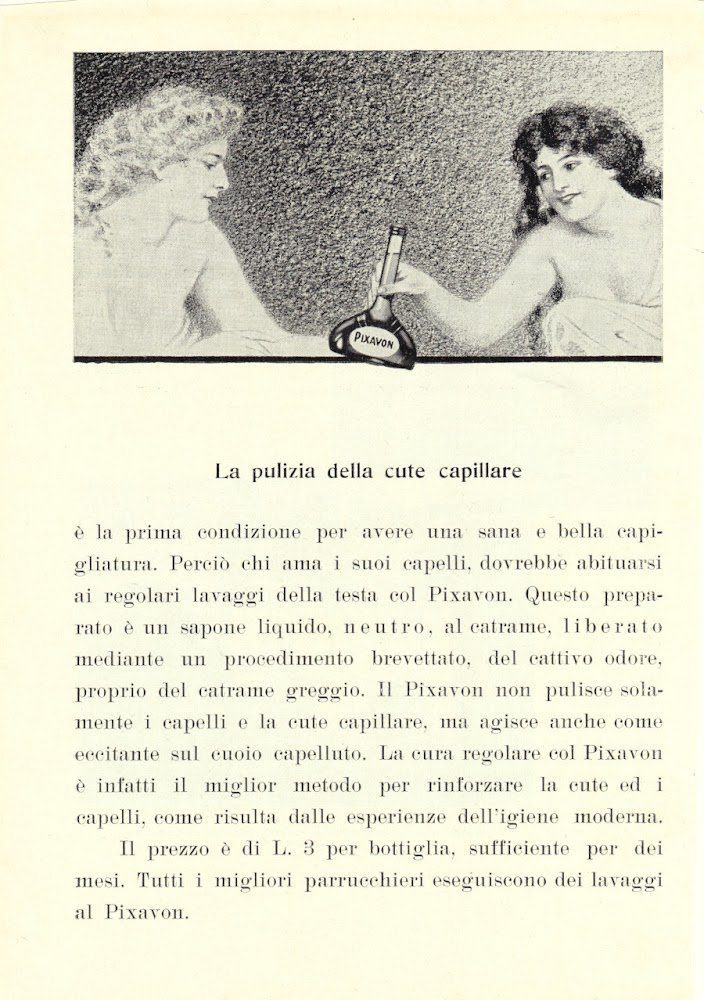Pixavon per la pulizia della cute capillare. Advertising 1913