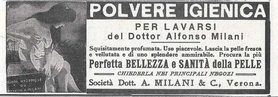 Polvere igienica per lavarsi del dottor Alfonso Milani. Advertising 1920