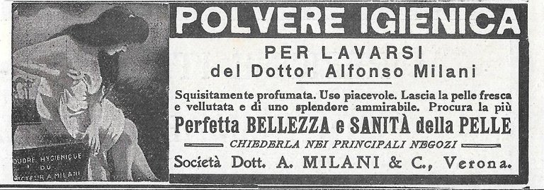 Polvere igienica per lavarsi del dottor Alfonso Milani. Advertising 1920