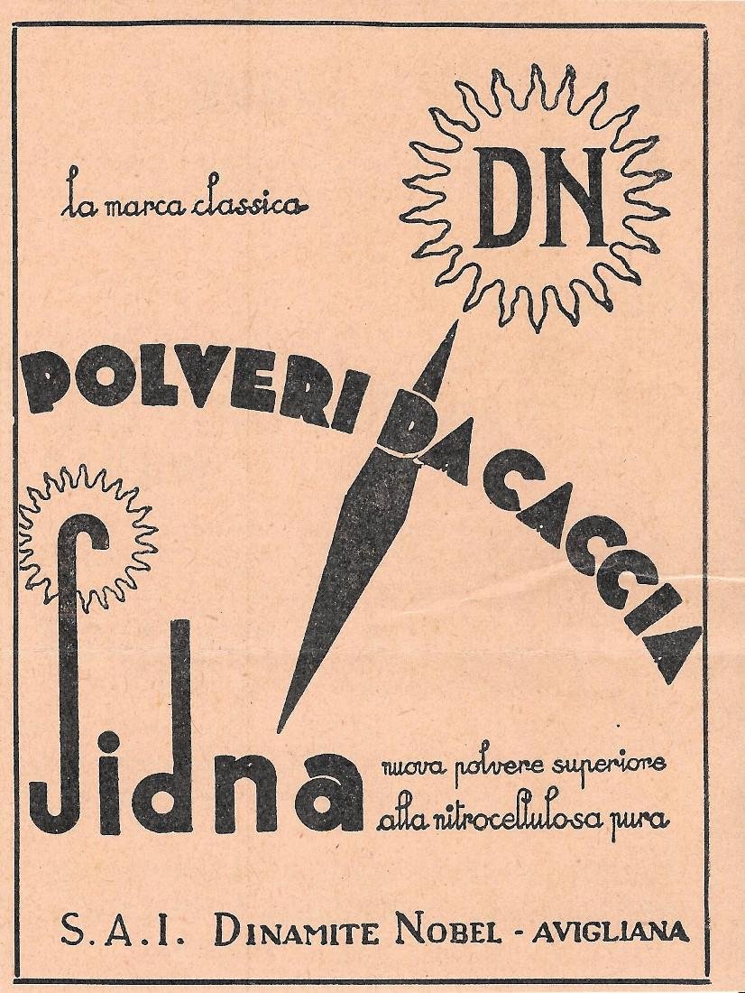 Polveri da caccia Sidna. Dinamite Nobel Avigliana. Advertising 1937