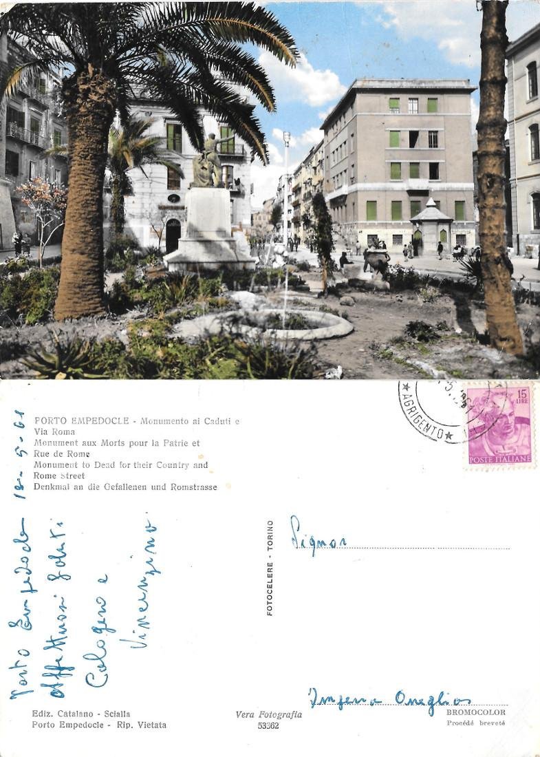 Porto Empedocle. Monumento ai Caduti e via Roma. Viaggiata 1961