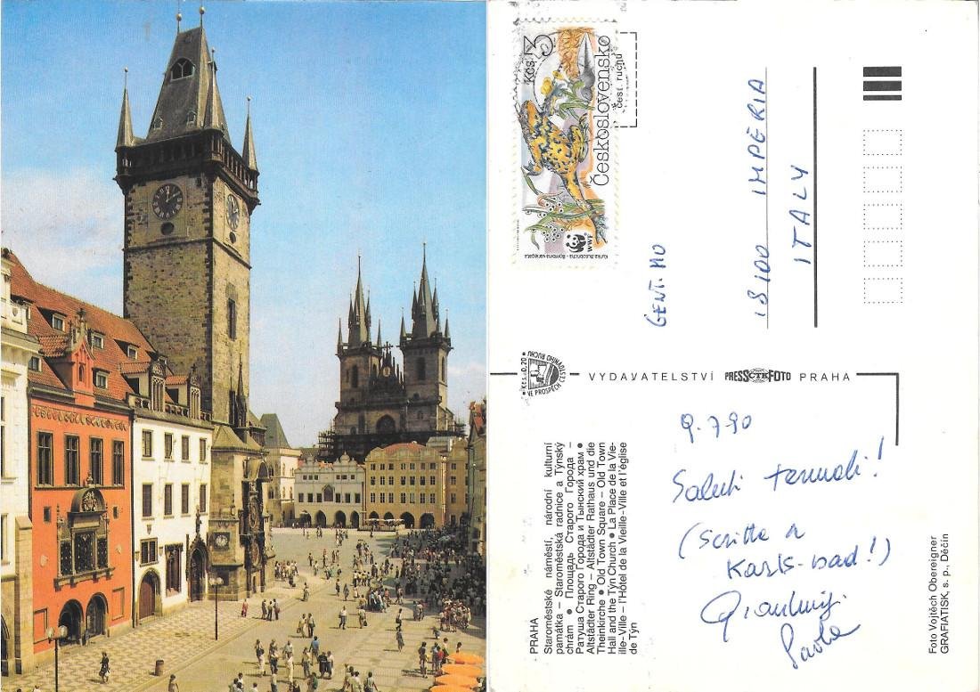 Praga (Cechia-Cecoslovacchia)Staromestske namesti, narodni, kulturni pamatka. Viaggiata 1990