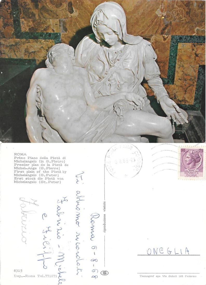 Primo piano della Pietà di Michelangelo. Viaggiata 1966