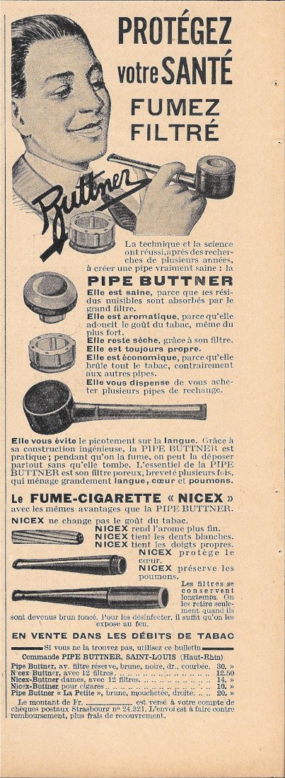 Protégez vontre santé, fumez filtré Buttner - Advertising 1935
